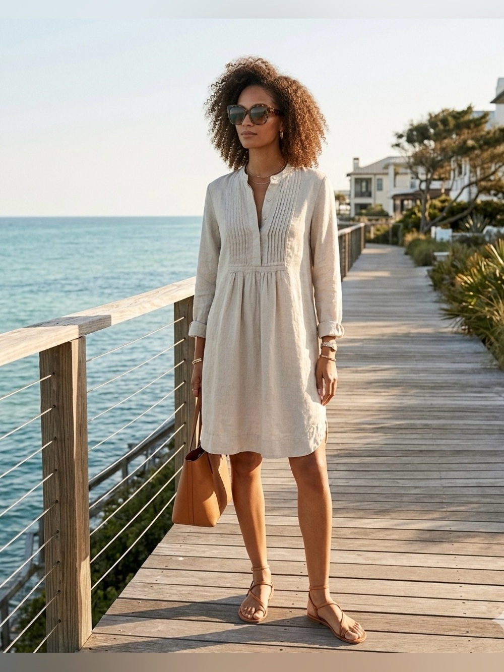 James Perse 100% Linen Pintuck Tunic Dress Top Beige Size 1 WK06799